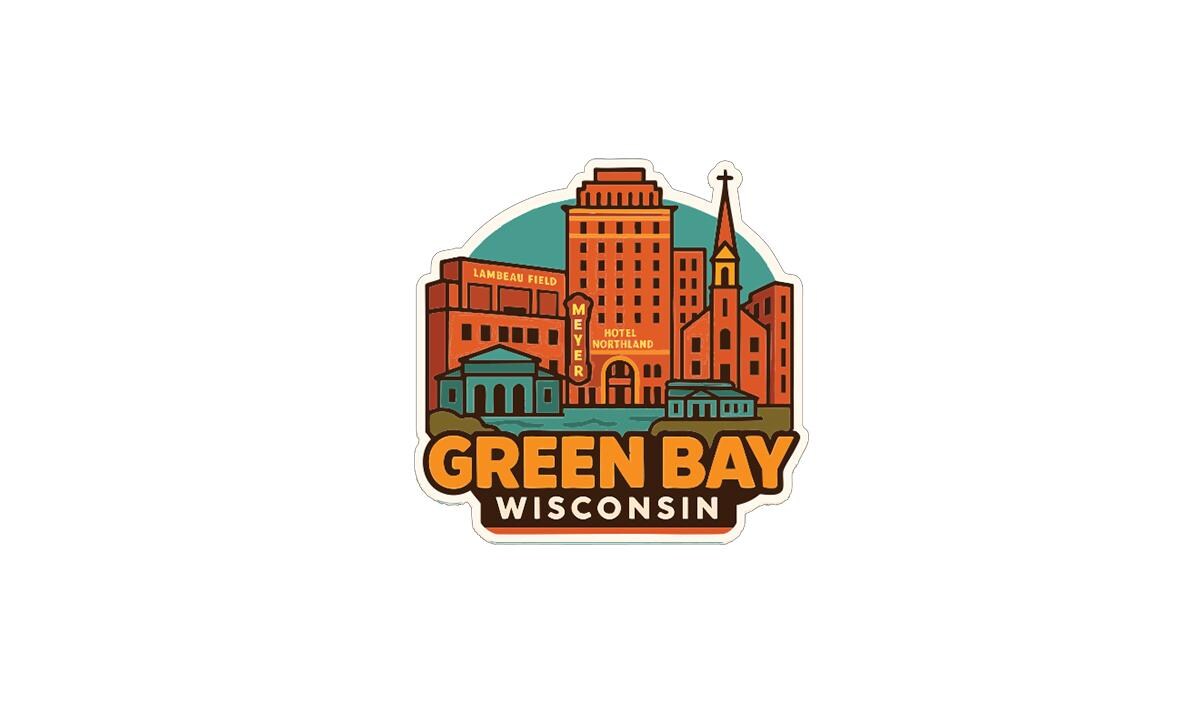 A stylized illustration of the cityscape of Green Bay, Wisconsin, featuring various buildings and landmarks.