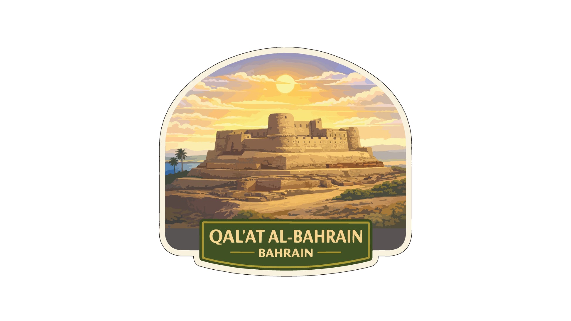 a castle in the middle of a desert landscape, with a sunset in the background.