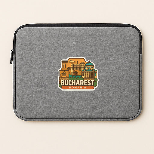 a gray laptop sleeve with a sticker of Bucharest, Romania, printed on it.