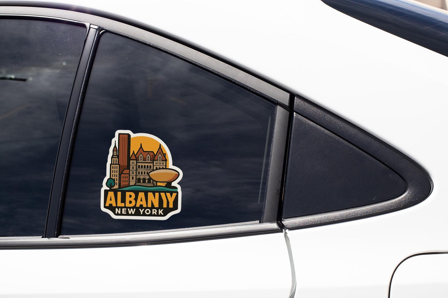 A sticker on the side of a car window that says "ALBANY NEW YORK".
