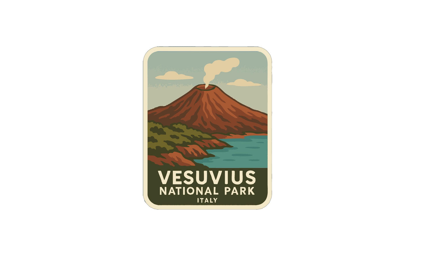 A vintage-style sticker depicting a volcano with a lake in the background, representing Vesuvius National Park in Italy.