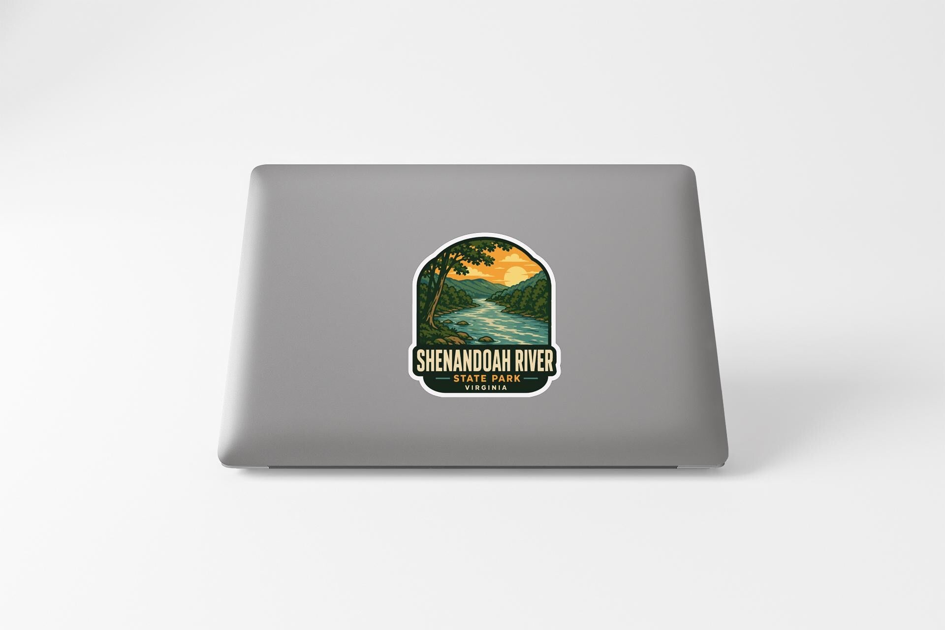a sticker with a scenic illustration of the Shenandoah River and surrounding landscape.