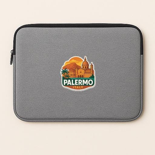 A gray laptop sleeve with a logo of Palermo, Italy, printed on it.