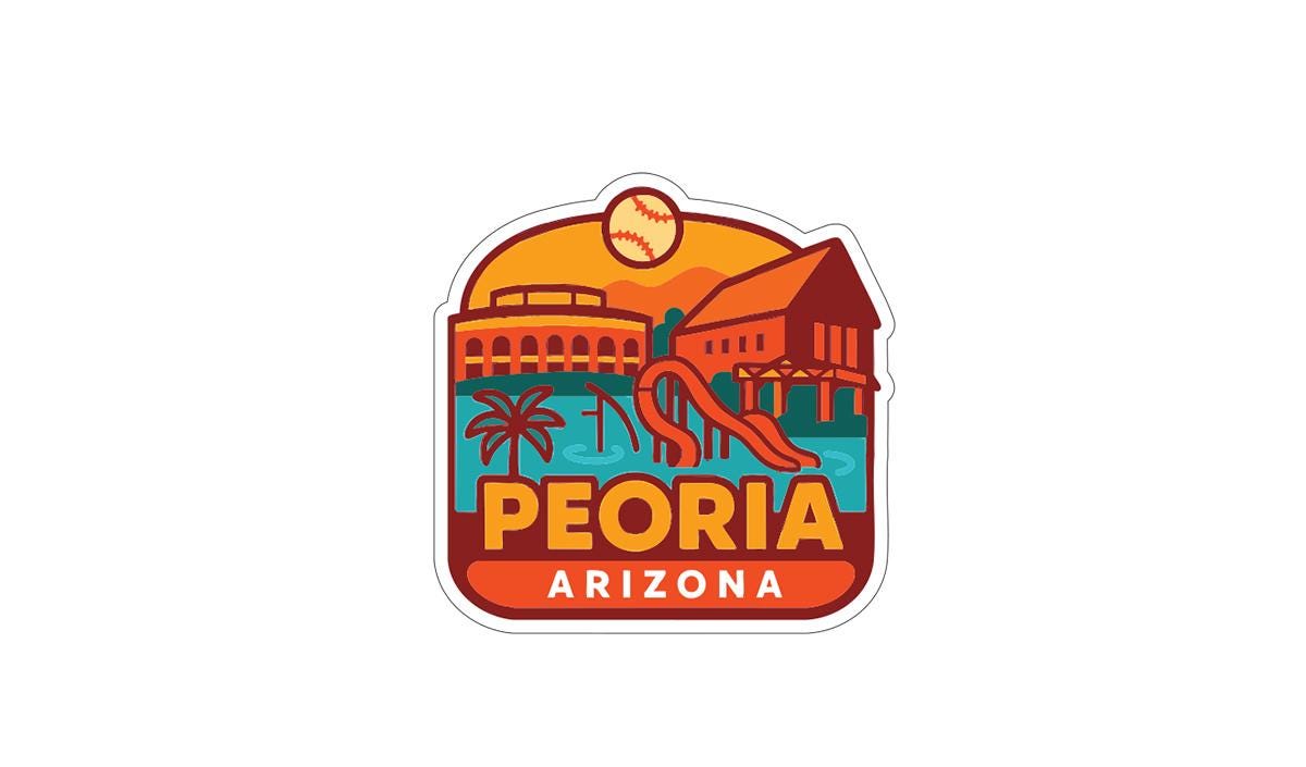 a sticker or logo with the text "PEORIA ARIZONA" and various colorful elements such as a baseball, palm trees, and a building.
