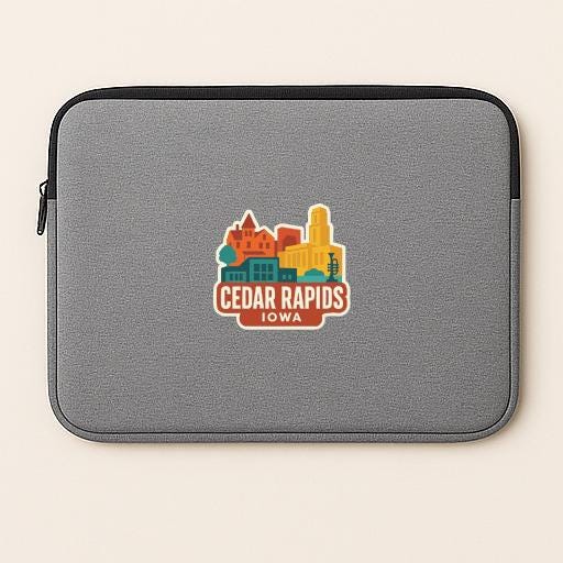 a gray laptop sleeve with a colorful logo for Cedar Rapids, Iowa.