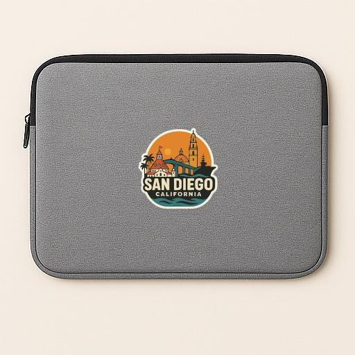 A gray laptop sleeve with a San Diego, California logo printed on it.