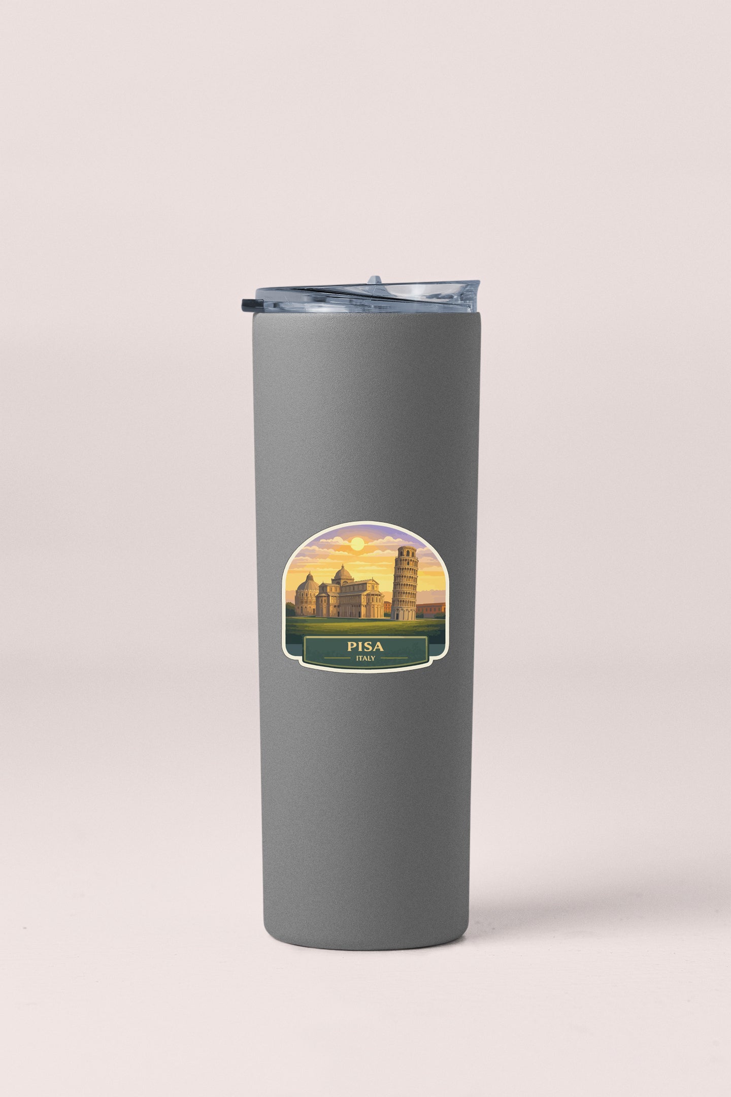 A gray insulated tumbler with a label featuring an illustration of the Leaning Tower of Pisa and the text "PISA ITALY".
