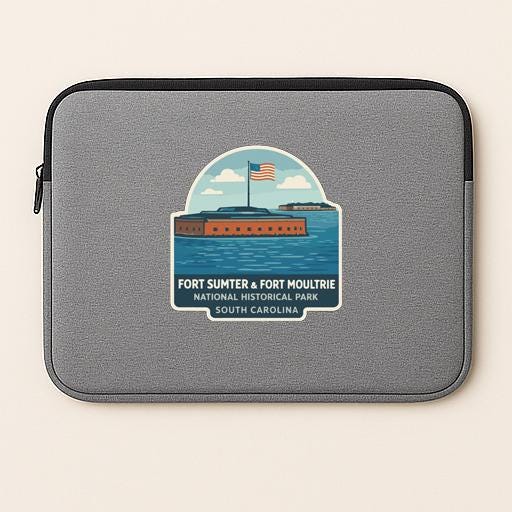 A gray laptop sleeve with a graphic design depicting Fort Sumter and Fort Moultie, a National Historical Park in South Carolina.