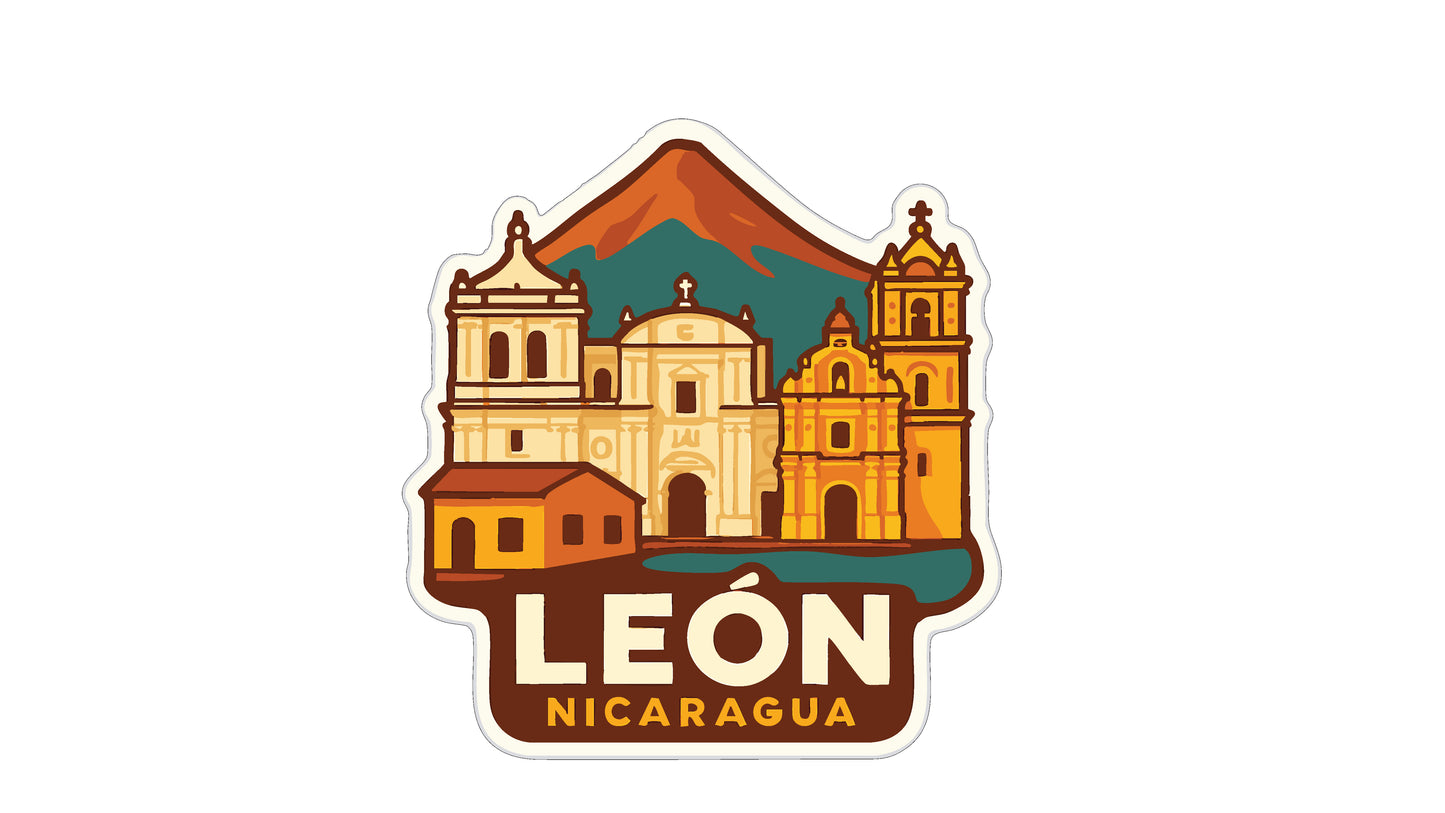 A sticker depicting the city of Nicaragua, featuring a mountain in the background and various buildings, including a church and a bell tower.