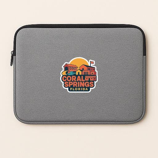 a gray laptop sleeve with a colorful logo for the Florida Keys, specifically the Coral Springs area.