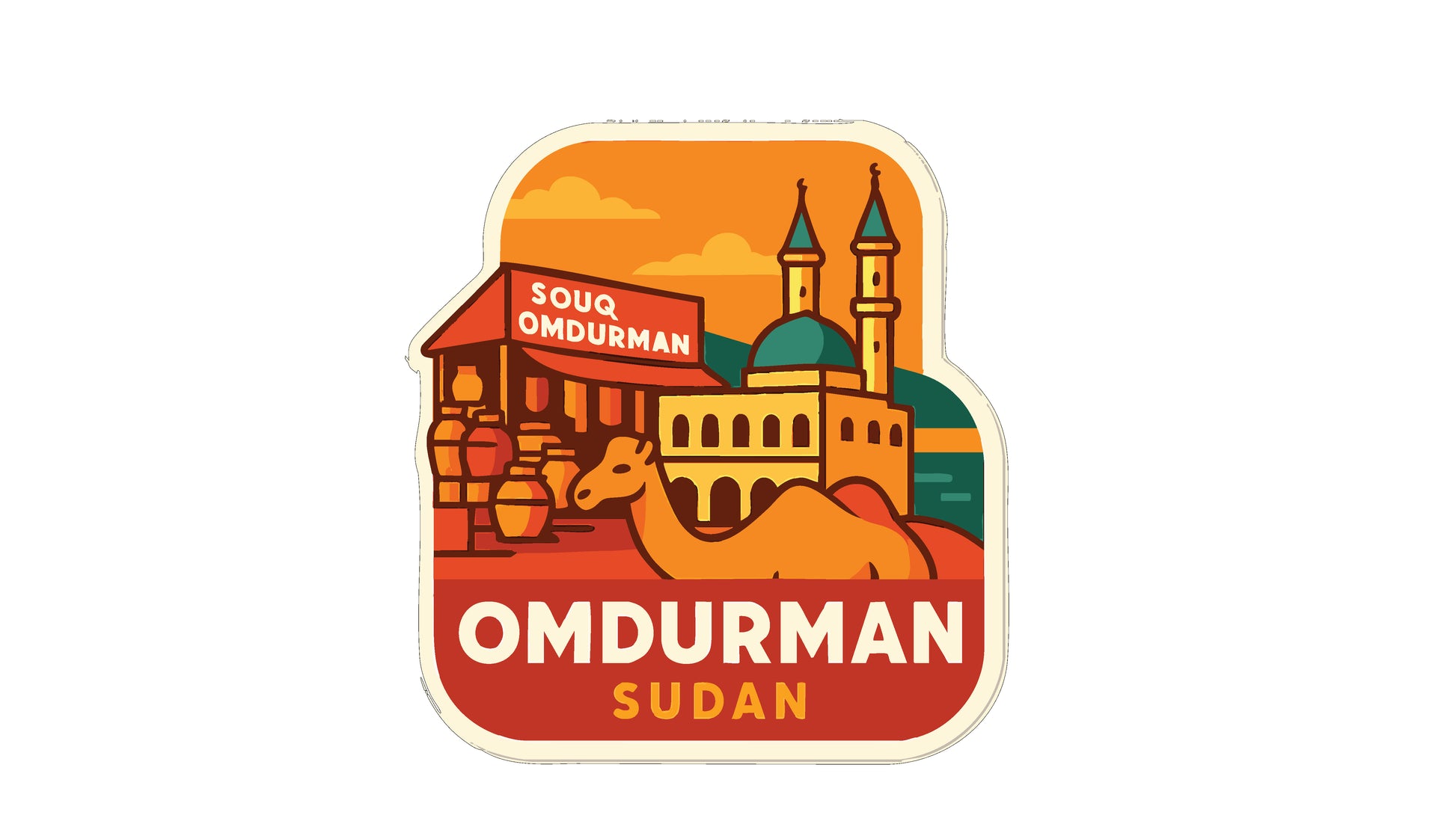 a sticker with a picture of a building and a camel