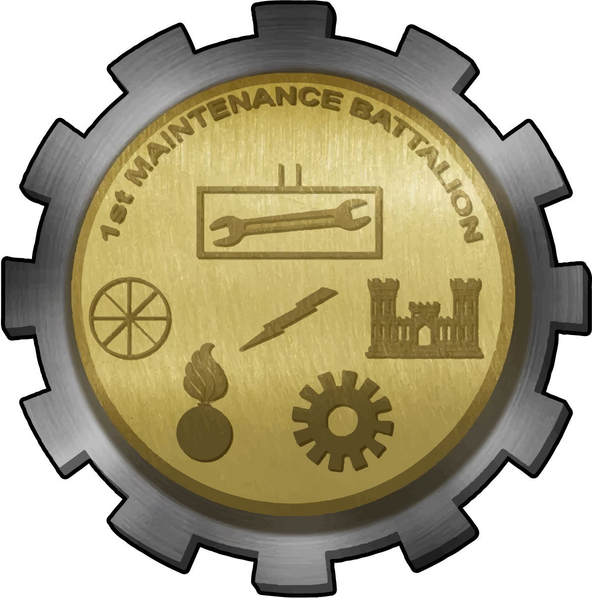 a gold and silver coin with various items inside it