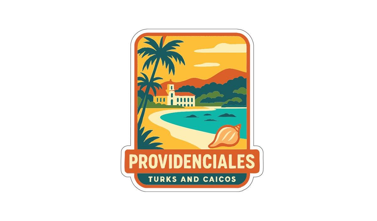 a tropical beach scene with palm trees, a building, and a shell, along with the text "PROVIDENCIALES TURKS AND CAICOS".