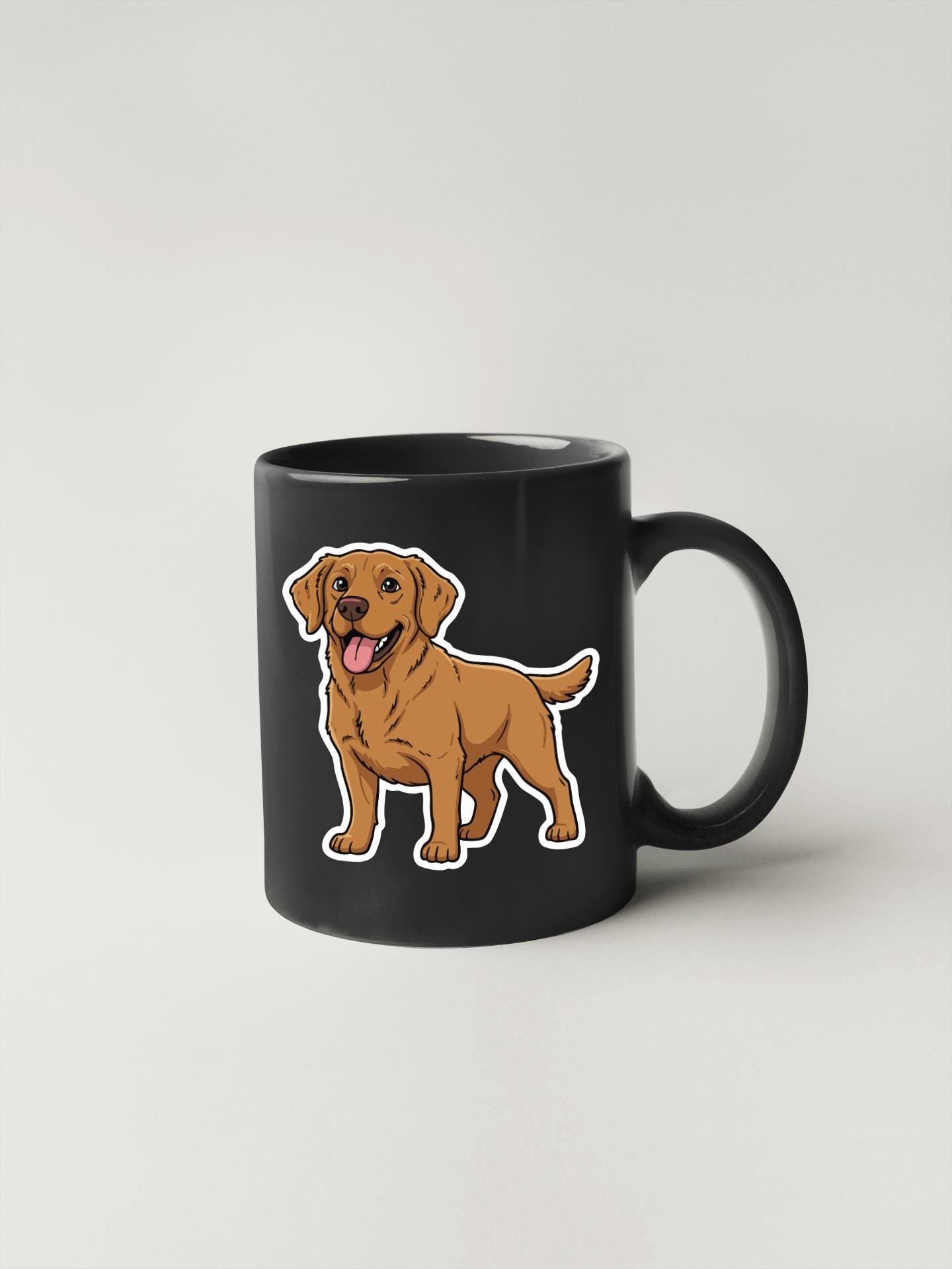 A black coffee mug with a cartoon illustration of a brown dog on it.