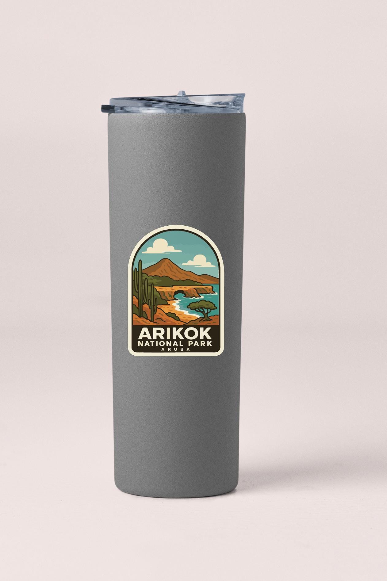 A gray tumbler with a label that says "Arikok National Park" on it.