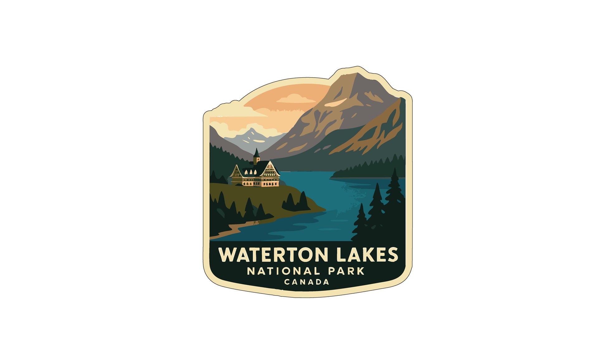 A sticker or emblem featuring a scenic landscape with mountains, a lake, and a building, representing the Waterton Lakes National Park in Canada.