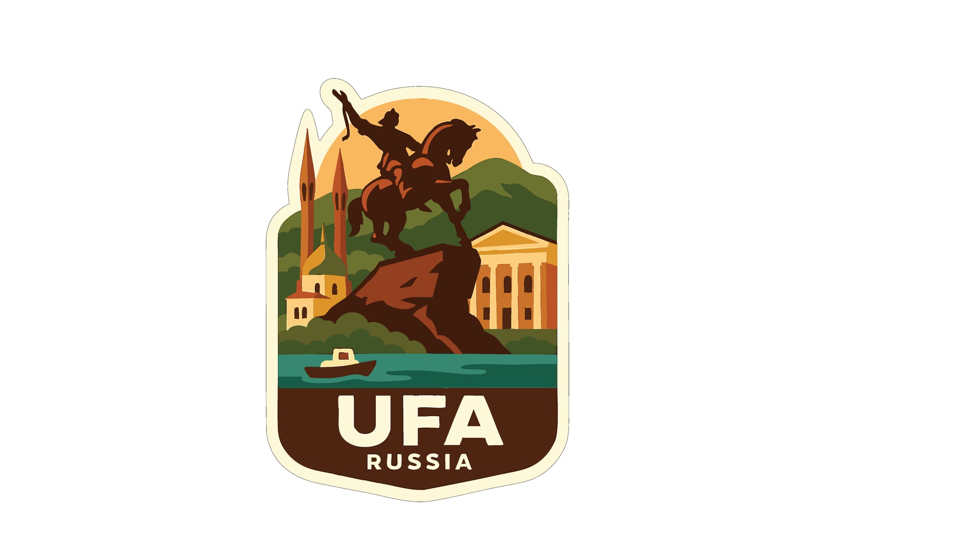 a sticker or emblem with a statue of a man on a horse, surrounded by a landscape with buildings, water, and a boat.