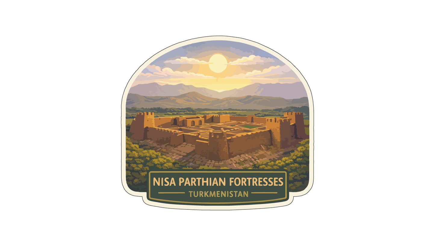 a large, ancient fortress surrounded by mountains and a bright sun in the sky.