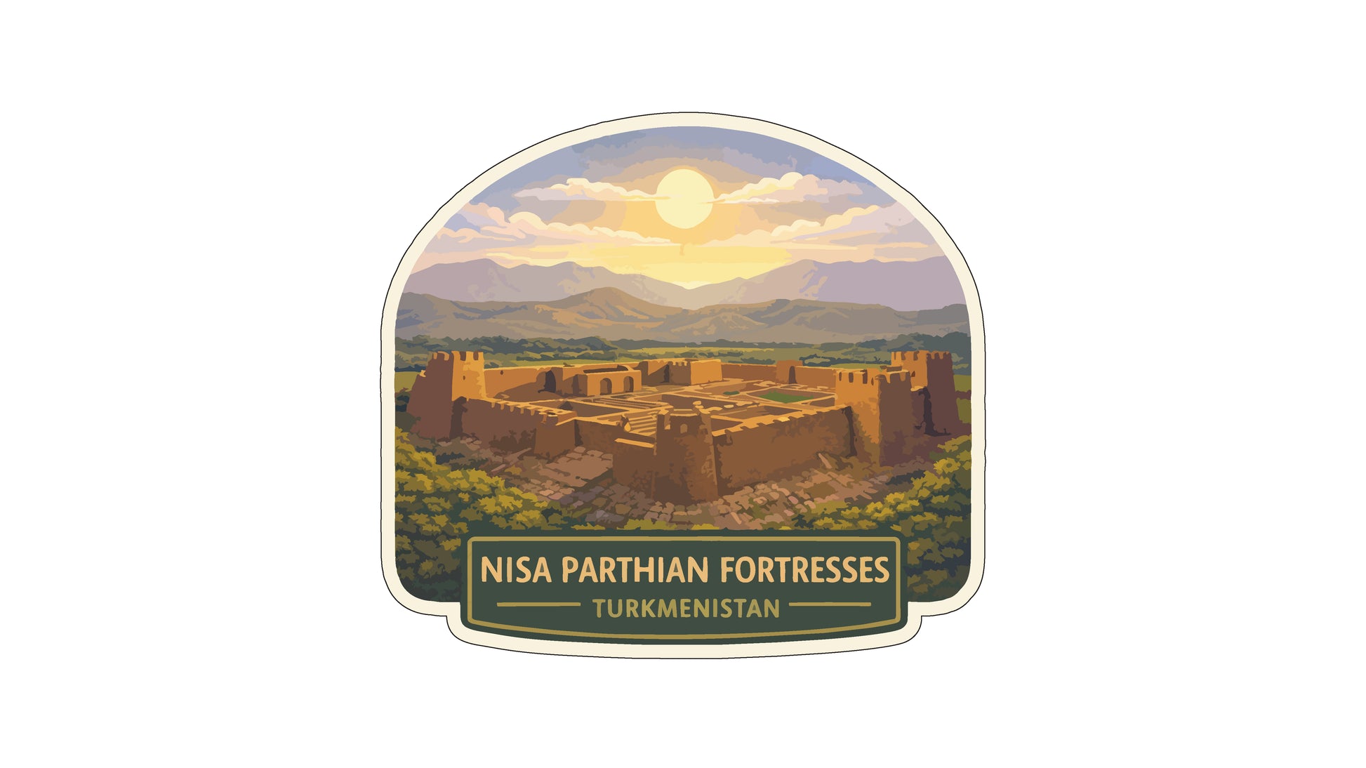 a large, ancient fortress surrounded by mountains and a bright sun in the sky.