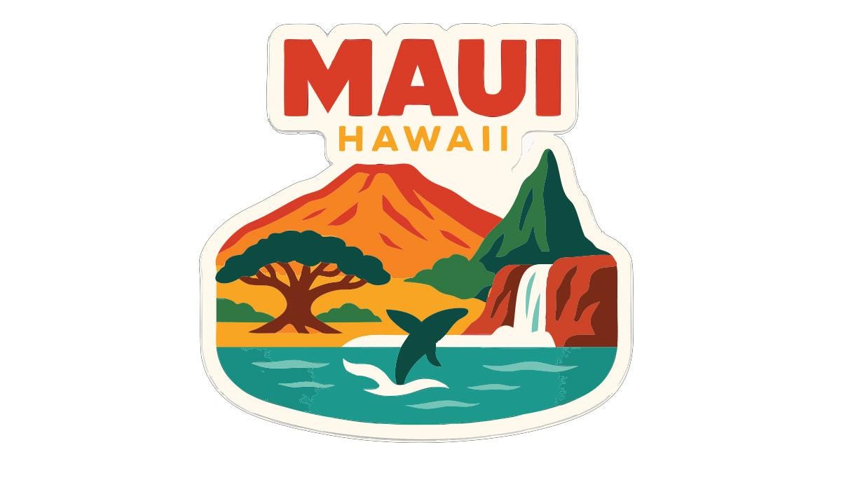The image is a sticker or emblem featuring a tropical landscape with a mountain, waterfall, and various wildlife elements, including a dolphin.