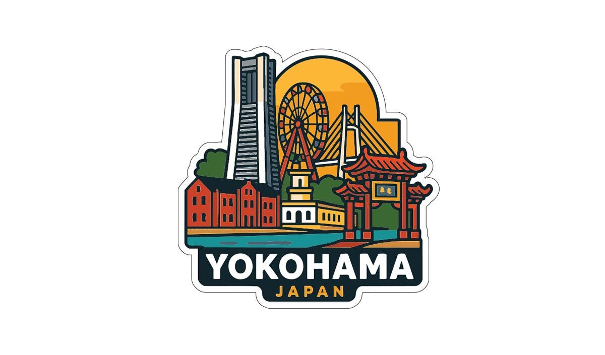 A sticker or emblem featuring the city of Yokohama, Japan, with various landmarks and buildings depicted in a stylized illustration.