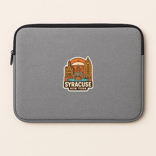 A gray laptop sleeve with a graphic of a city skyline and the text "SYRACUSE NEW YORK" printed on it.