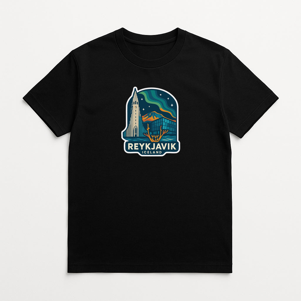 A black t-shirt with a graphic design depicting Reykjavik, the capital city of Iceland.