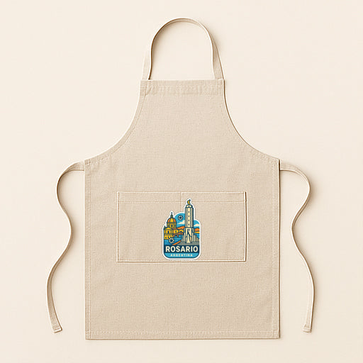 A beige apricot with a graphic of a city skyline on the front pocket.