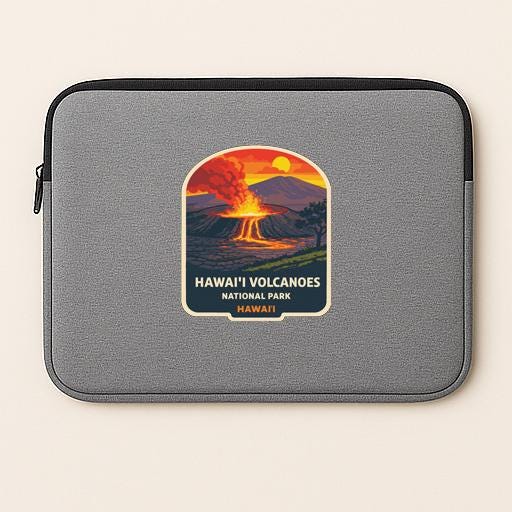 A gray laptop sleeve with a graphic design depicting a Hawaiian volcano and the text "Hawaii Volcanoes National Park" printed on it.