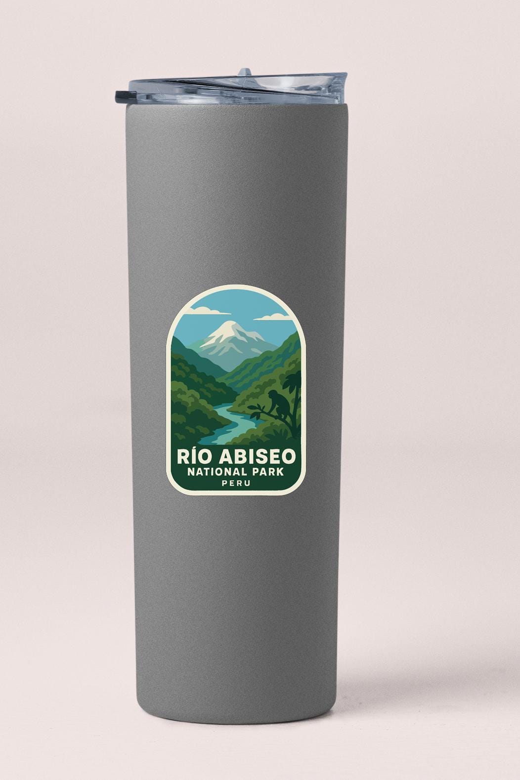 A gray insulated tumbler with a label that says "Rio Abisito National Park Peru".