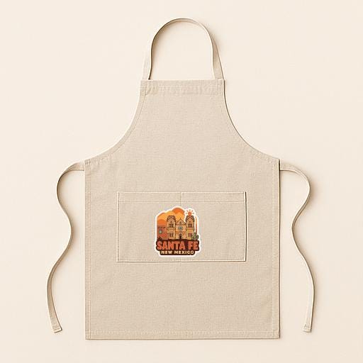 A beige apricot with a graphic of Santa Fe, a famous Mexican city, printed on it.
