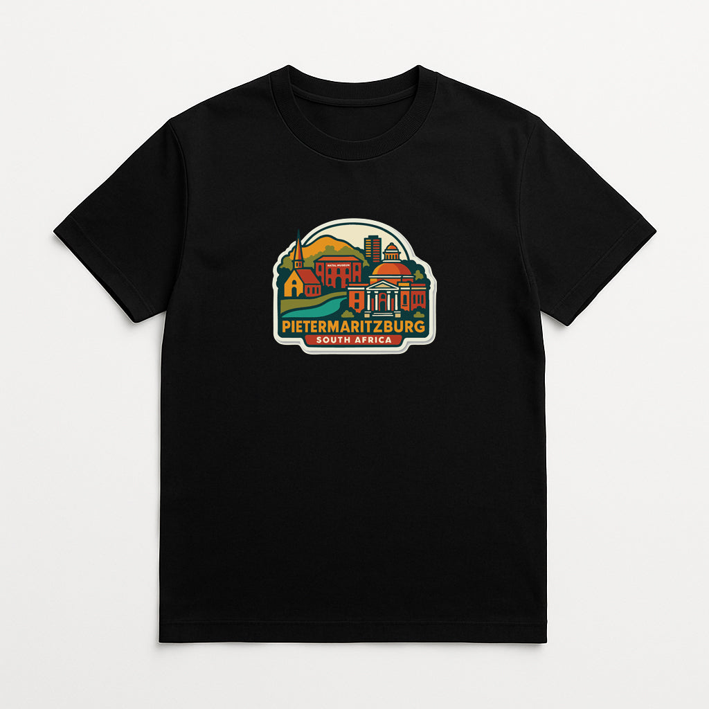 A black t-shirt with a colorful graphic design depicting a cityscape and text that reads "Pietermaritzburg South Africa".