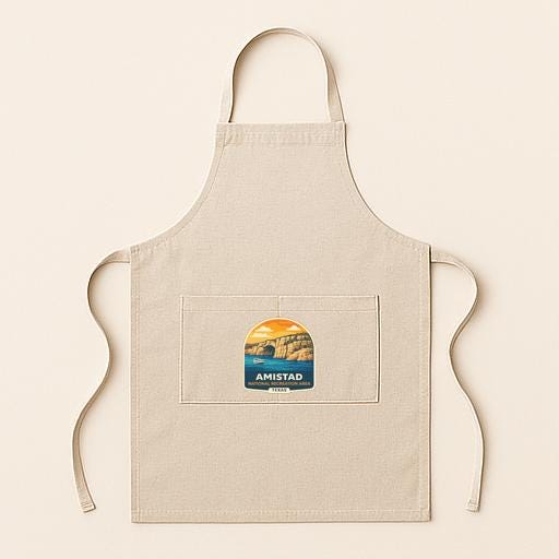 A beige apricot with a graphic of a scenic landscape and the text "Amistad" printed on it.