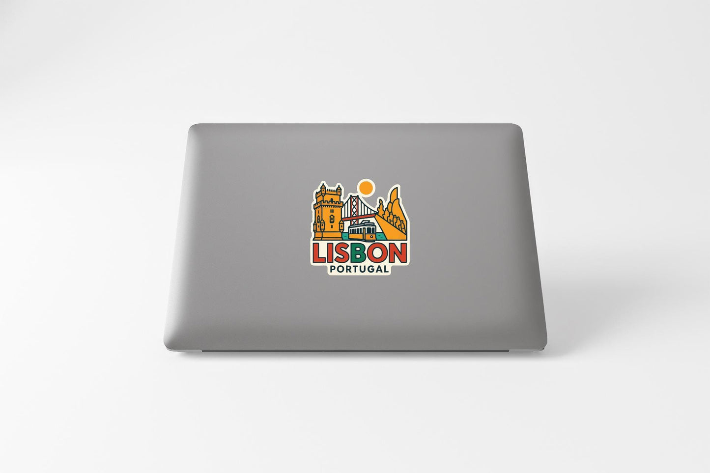 a sticker or decal of the city of Lisbon, Portugal, with various landmarks and symbols associated with the city.