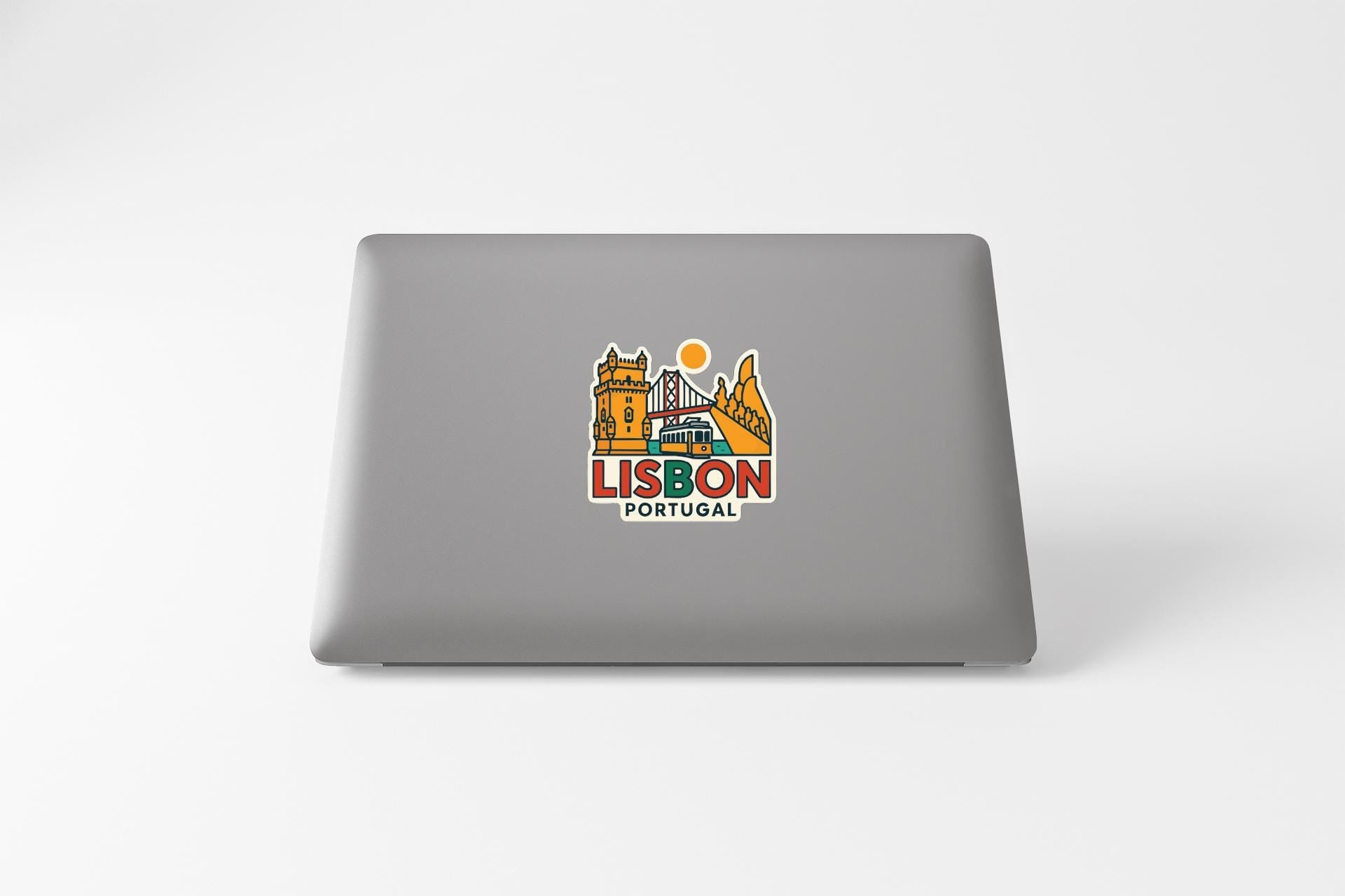 a sticker or decal of the city of Lisbon, Portugal, with various landmarks and symbols associated with the city.