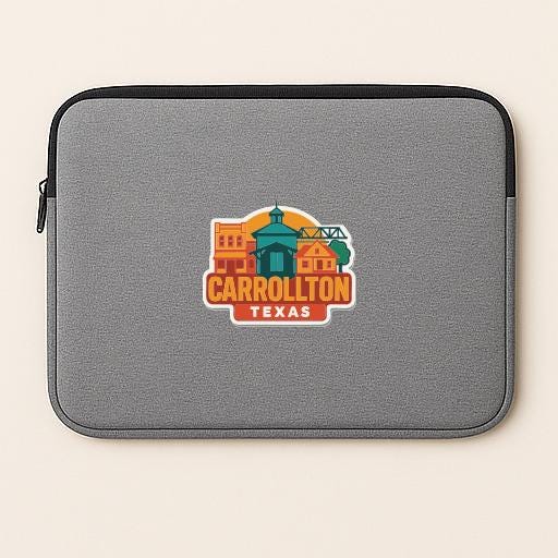 A gray laptop sleeve with a colorful logo of Carrollton, Texas, featuring a building and a bridge.