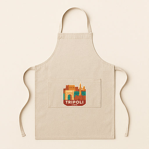 A beige apricot with a graphic of a city skyline on the front pocket.