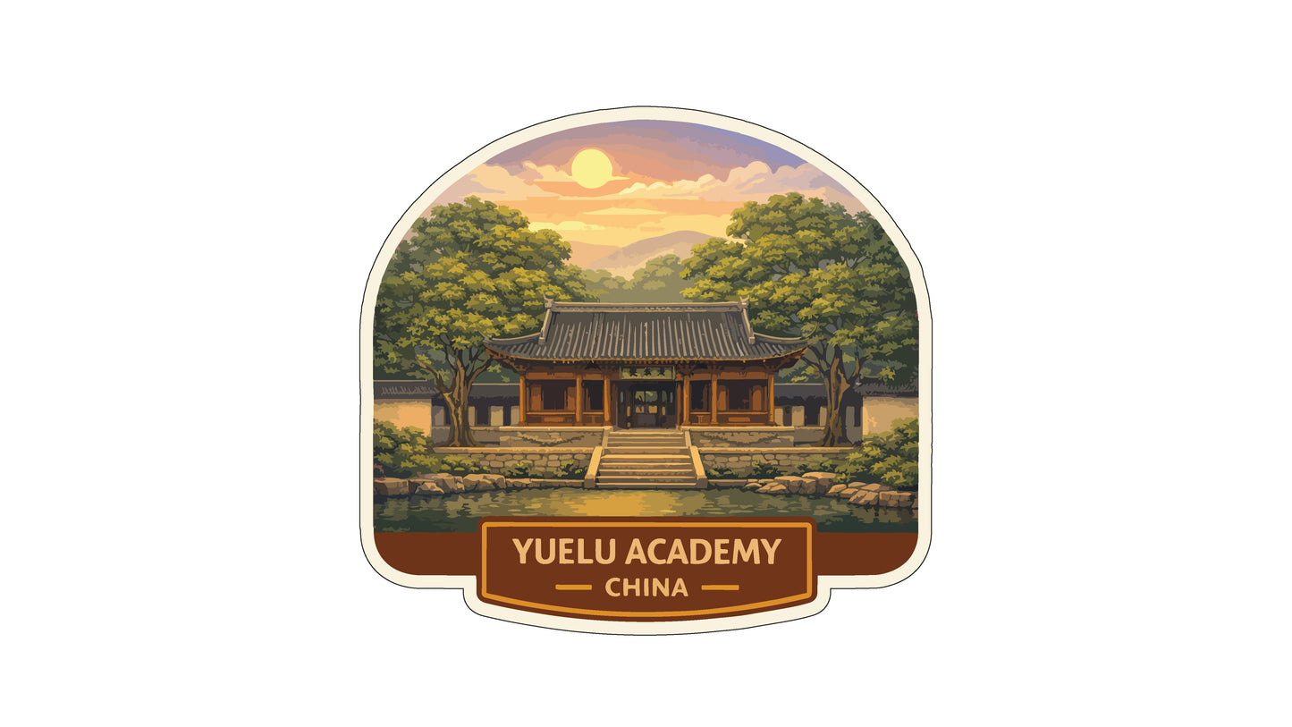 A sticker depicting a traditional Chinese temple surrounded by trees and a pond, with a sunset sky in the background.