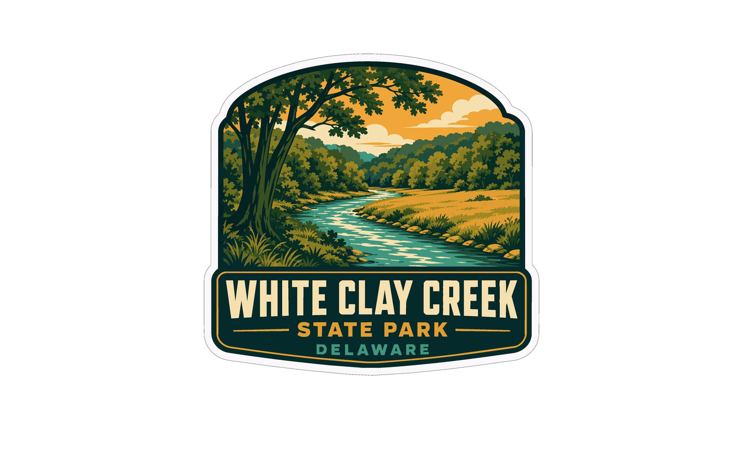 A sticker or emblem featuring a scenic landscape with a river, trees, and a sky with clouds. The text "WHITE CLAY CREEK STATE PARK DELAWARE" is prominently displayed, indicating the location of the park.