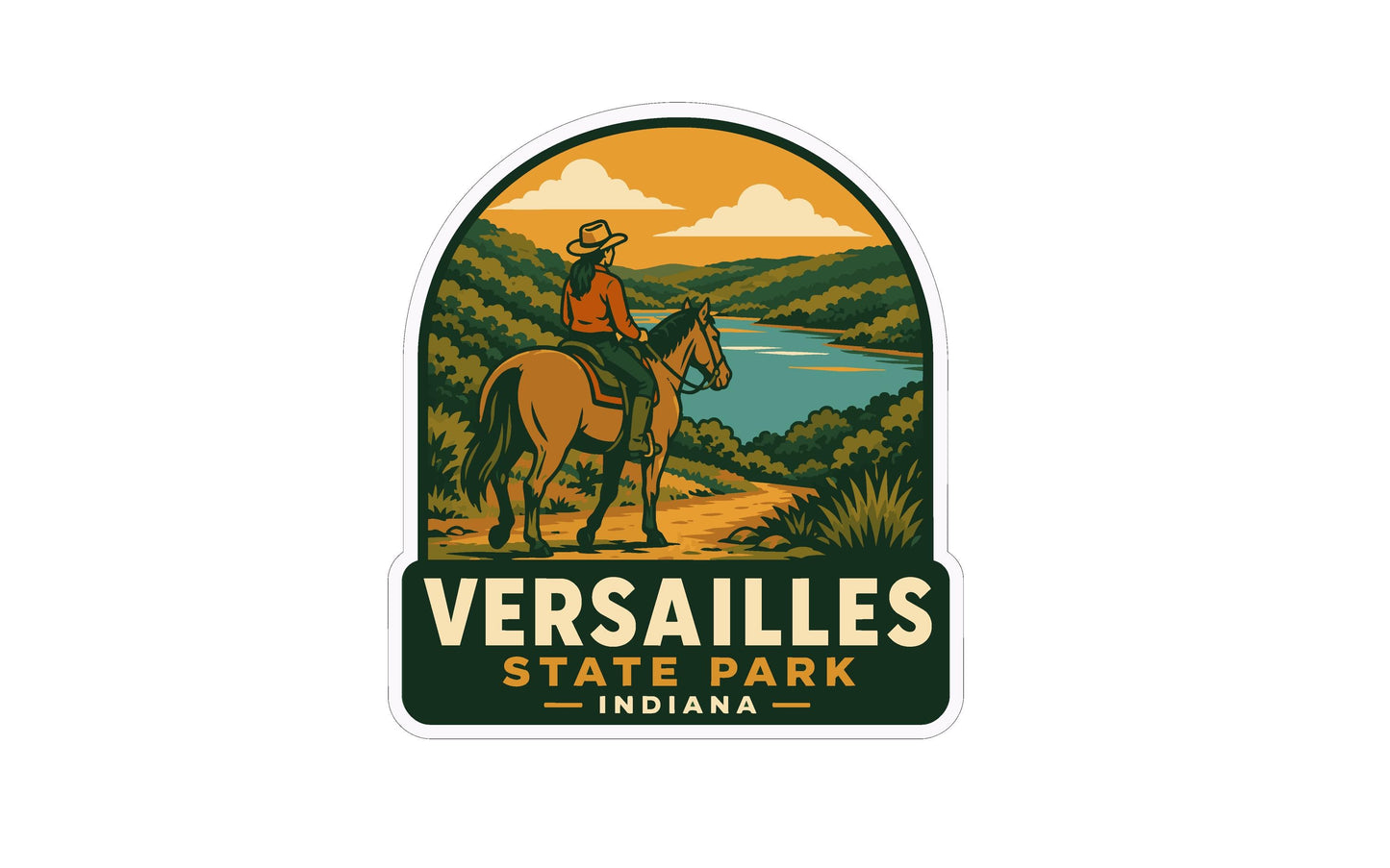 A sticker depicting a cowboy riding a horse in a scenic landscape, with the text "VERSAILLES STATE PARK INDIANA" below.
