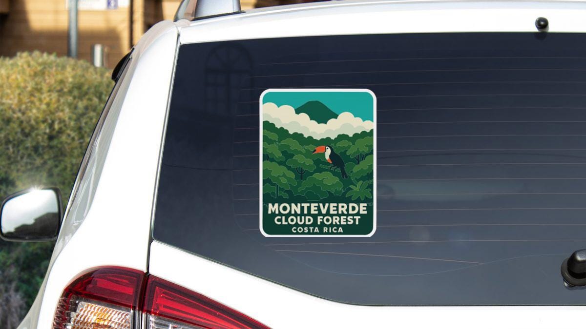 a sticker on the rear window of a white car, depicting a tropical forest scene with a bird in flight.