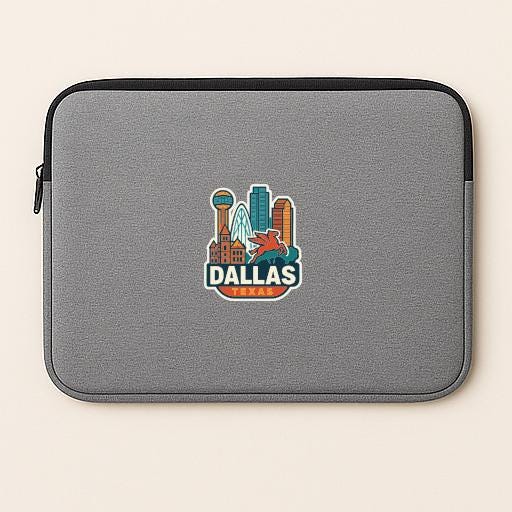 A gray laptop sleeve with a graphic of the Dallas skyline and the text "DALLAS TEXAS" printed on it.