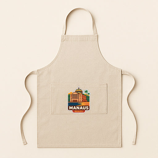 A beige apricot with a graphic of a building and the text "MANAUS" printed on it.