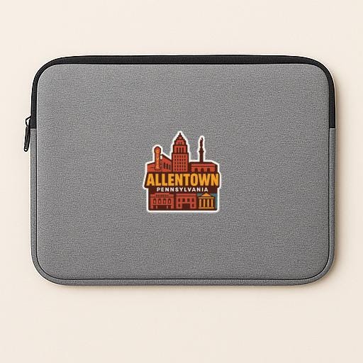 a gray laptop sleeve with a logo of Allentown, Pennsylvania.