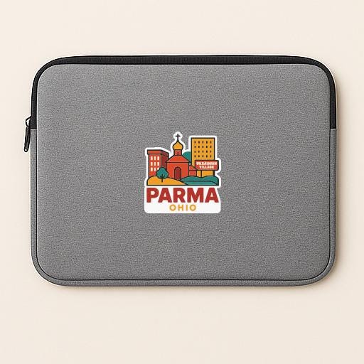 A gray laptop sleeve with a colorful sticker depicting the city of Parma, Ohio.