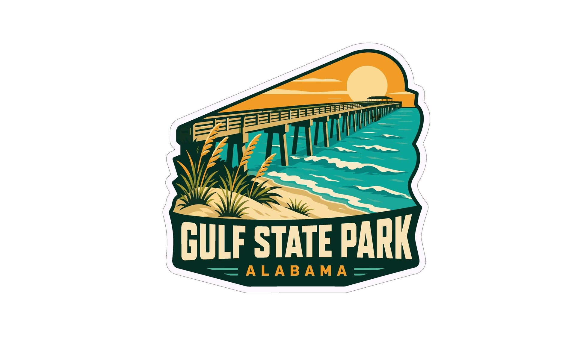 A sticker depicting a wooden pier extending into the ocean, with a sunset in the background. The text "Gulf State Park Alabama" is prominently displayed in the center of the image.