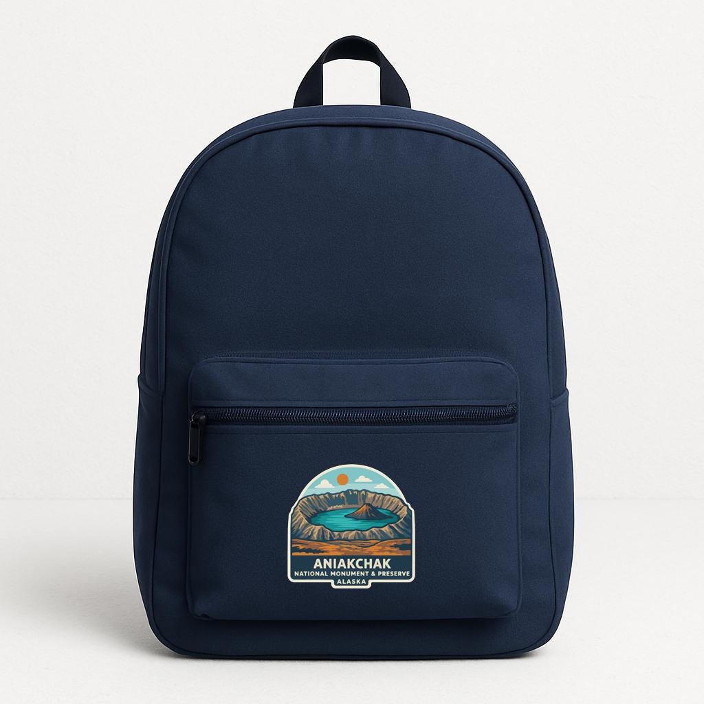 A navy blue backpack with a graphic on the front pocket.