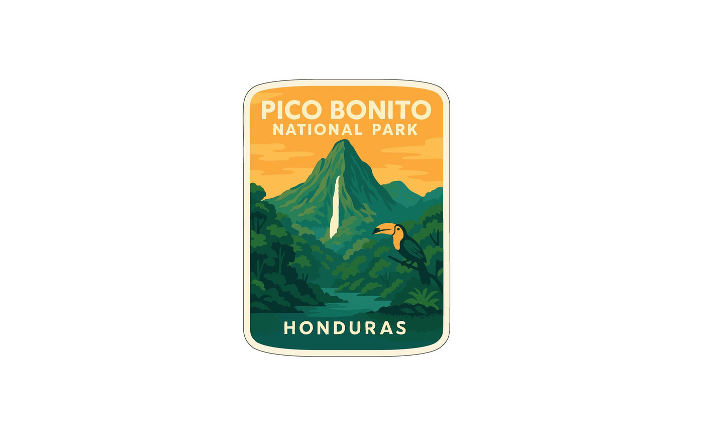 A sticker or label for Pico Bonito National Park in Honduras, featuring a tropical landscape with a waterfall, a toucan, and mountains in the background.