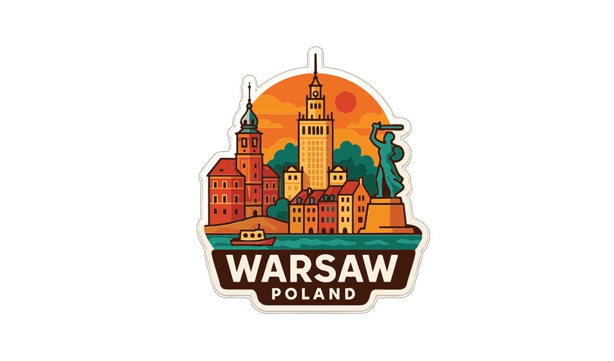 A sticker or emblem featuring the Warsaw, Poland skyline with various landmarks and buildings, including a tall tower and a statue.