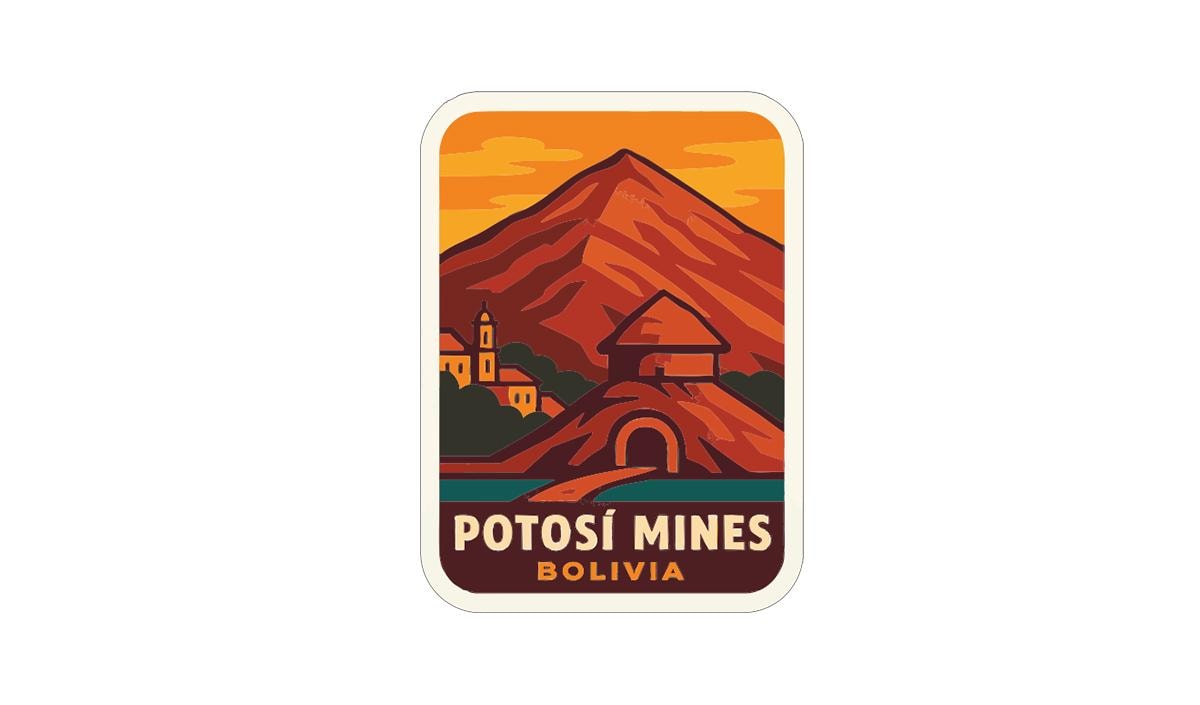 a sticker or label with a mountain landscape and a small building, likely representing the Potosí Mines in Bolivia.